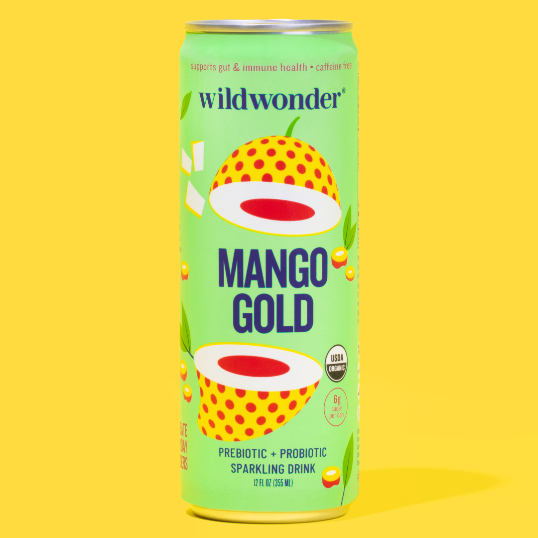 A can of our Mango Gold Sparkling Prebiotic + Probiotic drink.