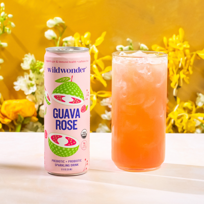 A can of Guava Rose next to a poured glass.