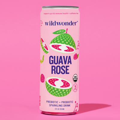 A can of our Guava Rose Sparking Prebiotic + Probiotic drink.