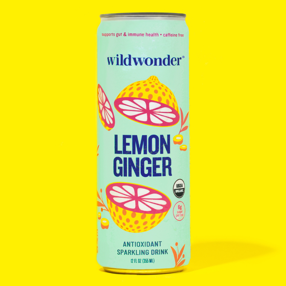 A can of our Lemon Ginger Sparking Prebiotic + Probiotic drink.