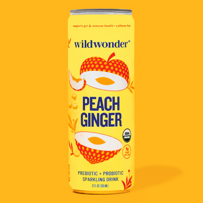 A can of our Peach Ginger Sparkling Prebiotic + Probiotic drink.