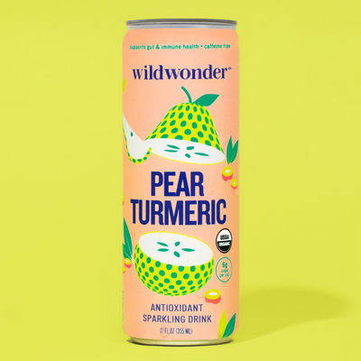 A can of our Pear Turmeric Sparkling Prebiotic + Probiotic drink.