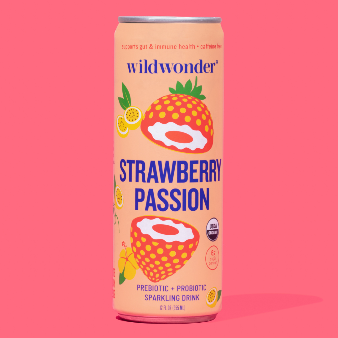 A can of our Strawberry Passion Sparkling Prebiotic + Probiotic drink.